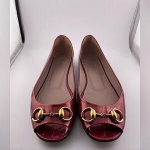 Gucci Black Micro Guccissima Patent Leather Horsebit Open Toe Ballet Flats 38.5 